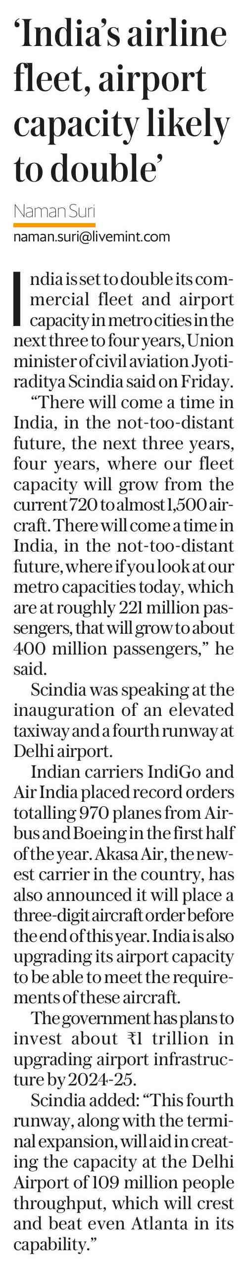 Indian,s airline fleet, airport capacity