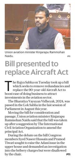 Bill Presented to replace Aircraft Act 