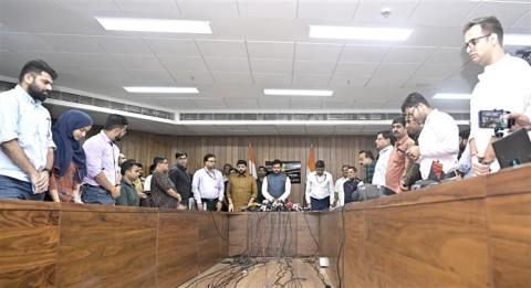 The Union Minister for Civil Aviation, Shri Kinjarapu Ram Mohan Naidu addressing a Press Conference on the Air India plane crash in Ahmedabad and also expressed deep sorrow over the incident at Udan Bhawan, in New Delhi on June 14, 2025. The Union Minister for Civil Aviation, Shri Kinjarapu Ram Mohan Naidu addressing a Press Conference on the Air India plane crash in Ahmedabad and also expressed deep sorrow over the incident at Udan Bhawan, in New Delhi on June 14, 2025.