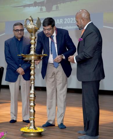 The Secretary of Ministry of Civil Aviation, Shri Samir Kumar Sinha lighting the lamp at the Safety Seminar 2025